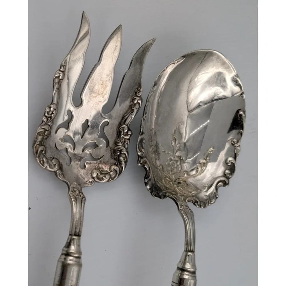 Silverplate Salad Fork & Spoon Set Ornate Vintage Wood Handles by M.B. & Co